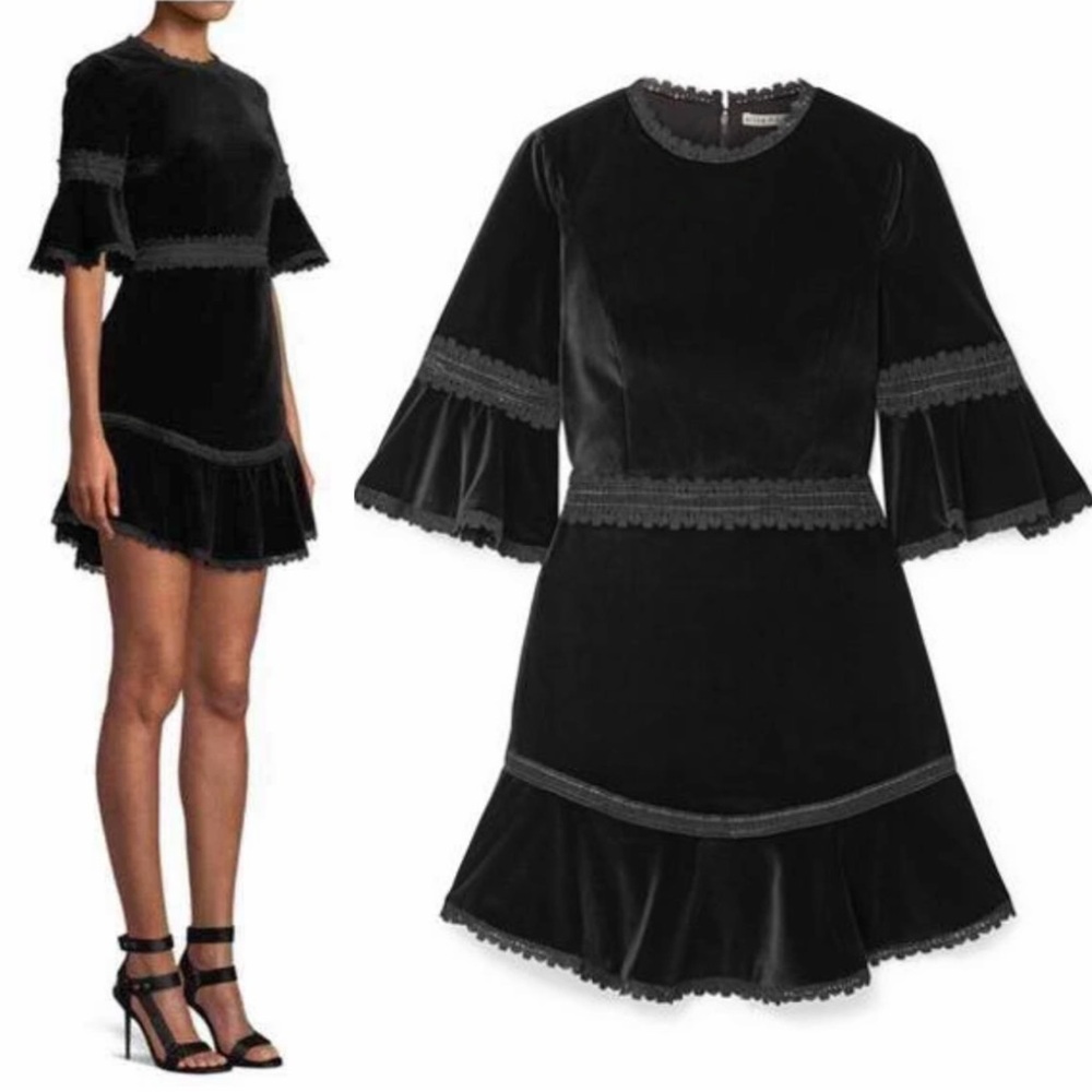 Alice + Olivia Doloris Black Velvet Lace Trim Mini Dress XS